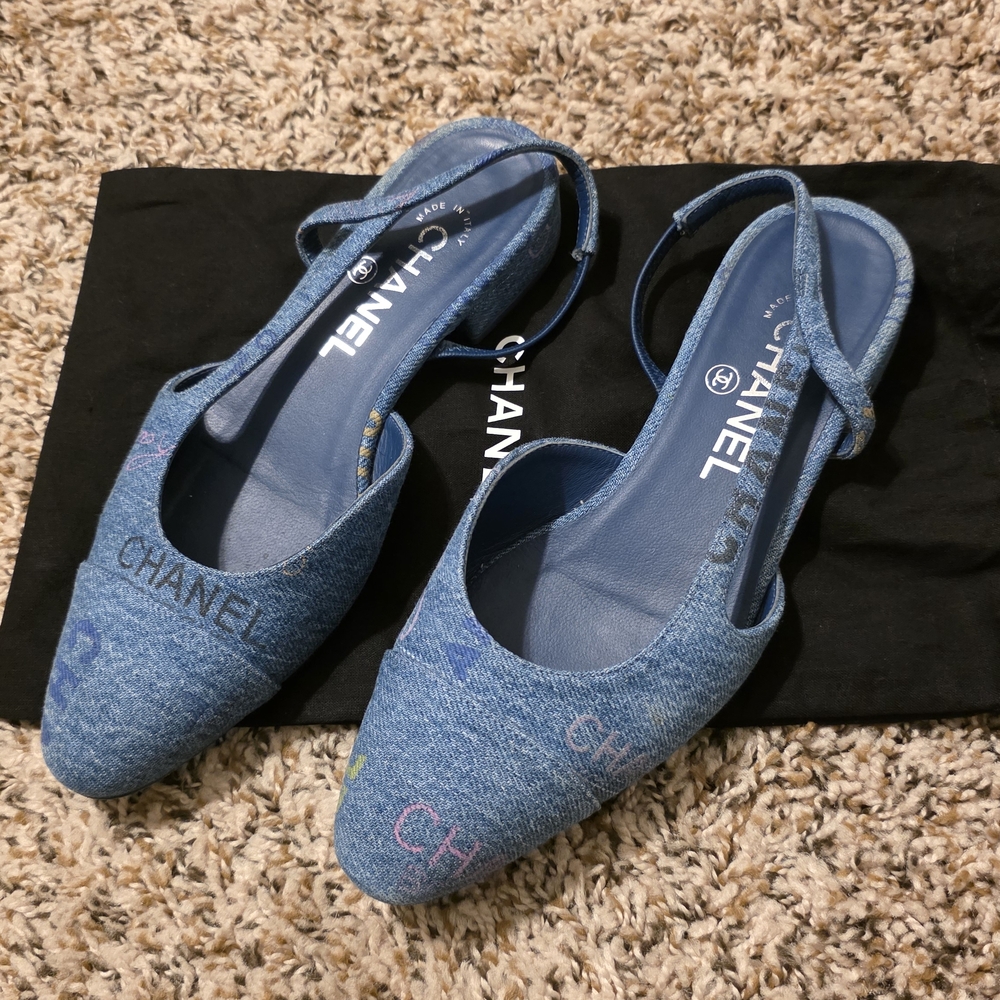 CHANEL Blue Denim Slingback Flats